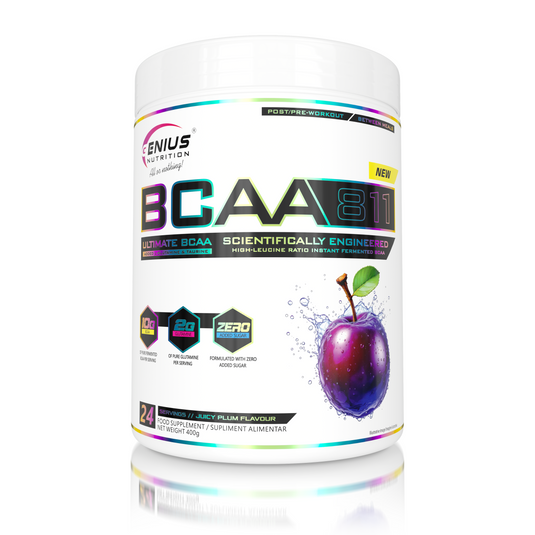 BCAA-811 400g 24serv Genius Nutrition Pruna Suculenta – Supliment pentru refacere musculara pe baza de aminoacizi cu catena ramificata cu adaos de glutamina si taurina.