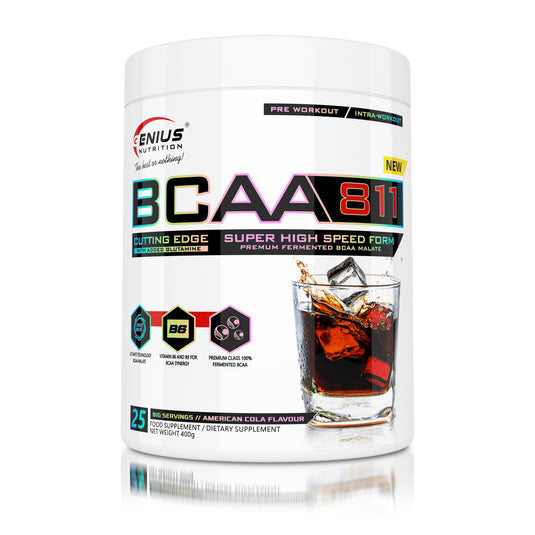 BCAA-811 400g 24serv Genius Nutrition American Cola – Supliment pentru refacere musculara pe baza de aminoacizi cu catena ramificata cu adaos de glutamina si taurina