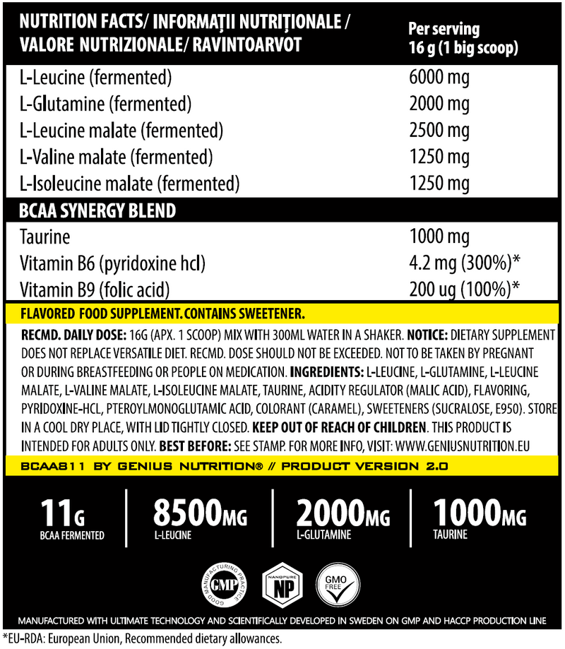 Incarca imaginea in galerie, BCAA-811 400g 25serv Genius Nutrition - Supliment pentru refacere musculara pe baza de aminoacizi cu catena ramificata cu adaos de glutamina si taurina