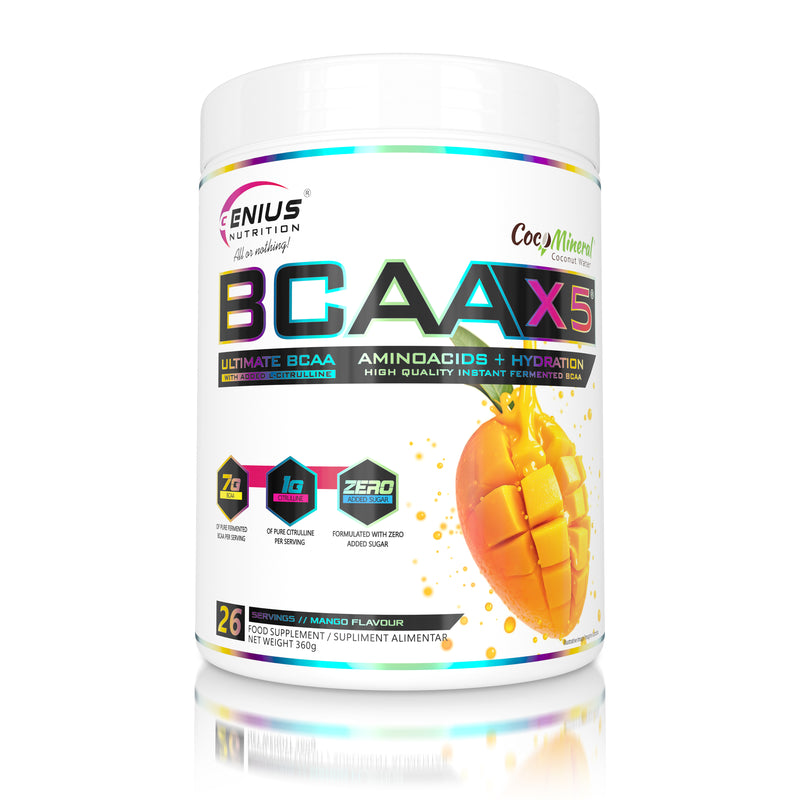 Incarca imaginea in galerie, BCAA-X5 360g 26serv Genius Nutrition Mango – Supliment pentru refacere musculara, pompare si rehidratare pe baza de aminoacizi cu adaos de citrulina malat si electroliti.