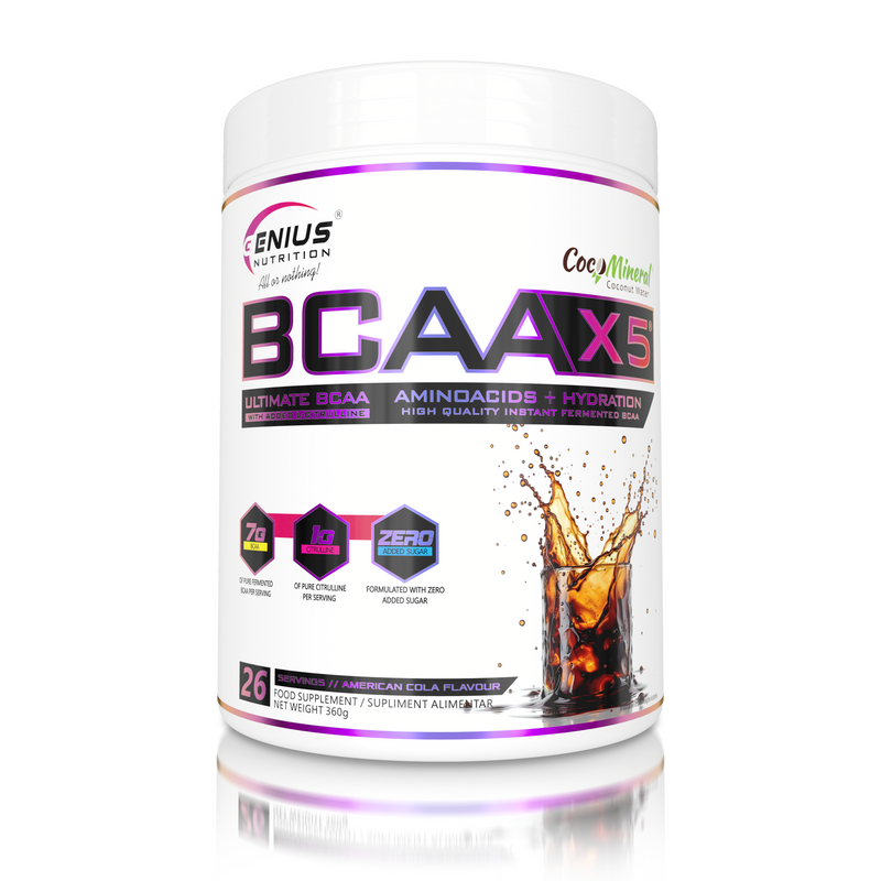 Incarca imaginea in galerie, BCAA-X5 360g 26serv Genius Nutrition - Supliment pentru refacere musculara, pompare si rehidratare pe baza de aminoacizi cu adaos de citrulina malat si electroliti cu aroma de American Cola.