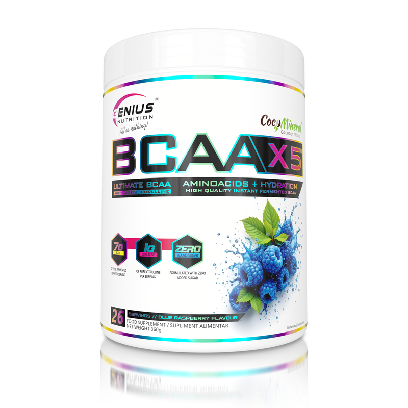 Incarca imaginea in galerie, BCAA-X5 360g 26serv Genius Nutrition - Supliment pentru refacere musculara, pompare si rehidratare pe baza de aminoacizi cu adaos de citrulina malat si electroliti cu aroma de zmeura albastra.