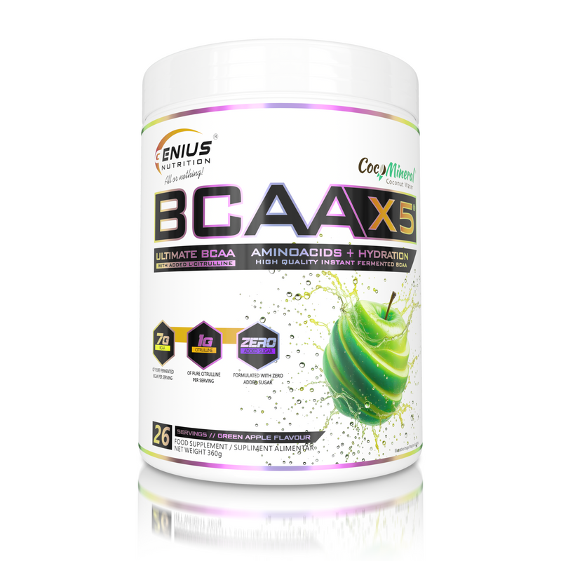 Incarca imaginea in galerie, BCAA-X5 360g 26serv Genius Nutrition - Supliment pentru refacere musculara, pompare si rehidratare pe baza de aminoacizi cu adaos de citrulina malat si electroliti cu aroma de mar verde.