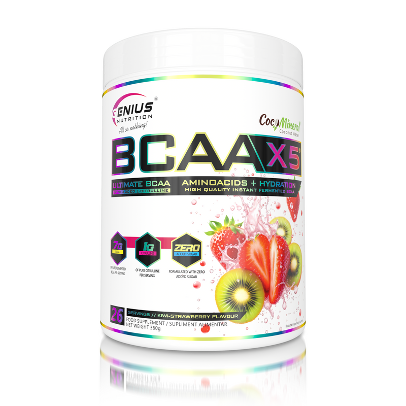 Incarca imaginea in galerie, BCAA-X5 360g 26serv Genius Nutrition - Supliment pentru refacere musculara, pompare si rehidratare pe baza de aminoacizi cu adaos de citrulina malat si electroliti cu aroma de kiwi-capsuni.