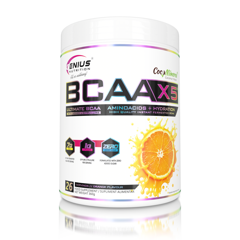 Incarca imaginea in galerie, BCAA-X5 360g 26serv Genius Nutrition - Supliment pentru refacere musculara, pompare si rehidratare pe baza de aminoacizi cu adaos de citrulina malat si electroliti cu aroma de portocala.