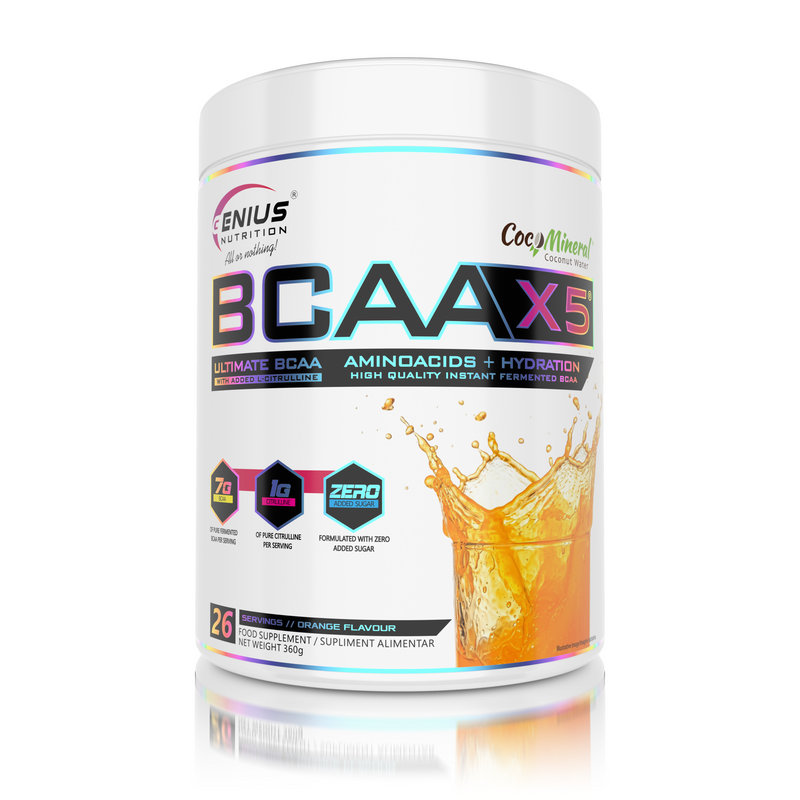 Incarca imaginea in galerie, BCAA-X5 360g 26serv Genius Nutrition - Supliment pentru refacere musculara, pompare si rehidratare pe baza de aminoacizi cu adaos de citrulina malat si electroliti cu aroma de portocala.