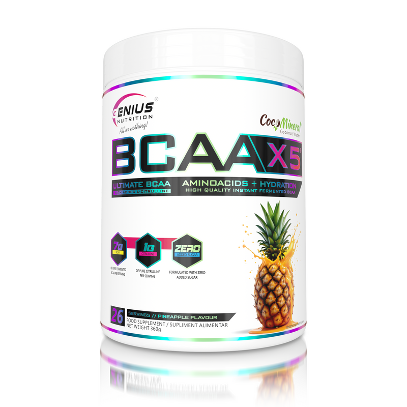 Incarca imaginea in galerie, BCAA-X5 360g 26serv Genius Nutrition - Supliment pentru refacere musculara, pompare si rehidratare pe baza de aminoacizi cu adaos de citrulina malat si electroliti cu aroma de ananas.