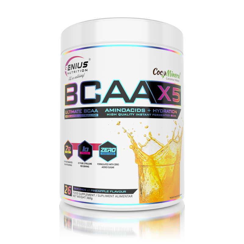 Incarca imaginea in galerie, BCAA-X5 360g 26serv Genius Nutrition - Supliment pentru refacere musculara, pompare si rehidratare pe baza de aminoacizi cu adaos de citrulina malat si electroliti cu aroma de ananas.