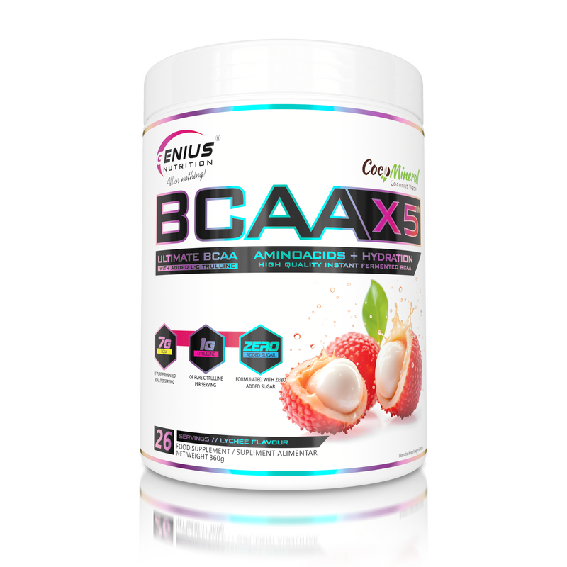 Incarca imaginea in galerie, BCAA-X5 360g 30serv Genius Nutrition Lychee Dreams - Supliment pentru refacere musculara, pompare si rehidratare pe baza de aminoacizi cu adaos de citrulina malat si electroliti