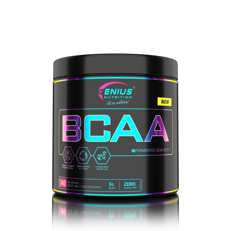 Incarca imaginea in galerie, BCAA 200caps 40 serv Genius Nutrition – Supliment vegan pe baza de aminoacizi BCAA 2:1:1, obtinut prin fermentare naturala, care sustine refacerea si cresterea masei musculare.