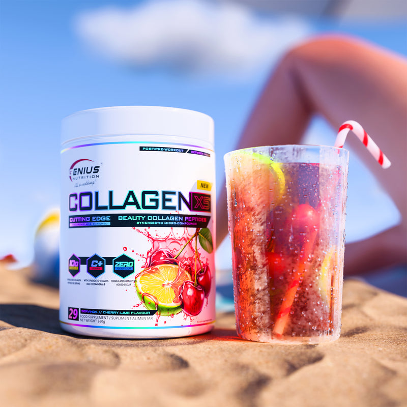 Incarca imaginea in galerie, COLLAGEN-X5 360g 29serv Genius Nutrition - Supliment pentru ingrijirea pielii, parului si unghiilor, cu beneficii pentru sistemul digestiv si articular imbogatit cu electroliti din apa de cocos cu aroma de ciresa si lime.