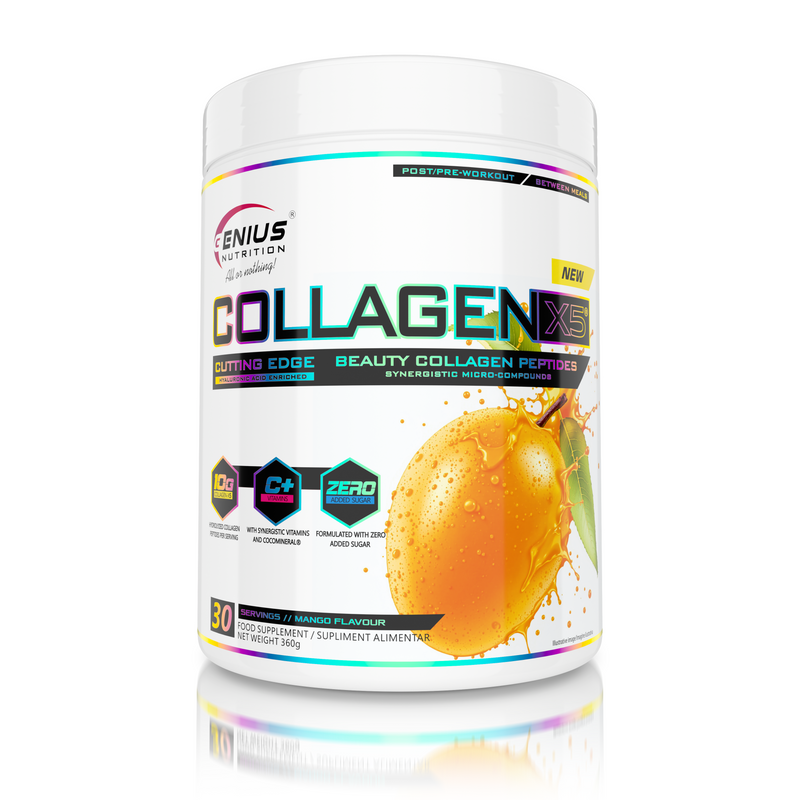 Incarca imaginea in galerie, COLLAGEN-X5 360g 30serv Genius Nutrition - Supliment pentru ingrijirea pielii, parului si unghiilor, cu beneficii pentru sistemul digestiv si articular imbogatit cu electroliti din apa de cocos cu aroma de mango.