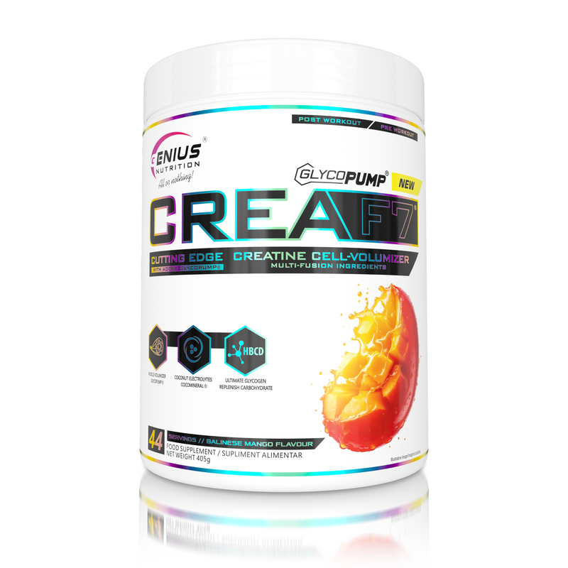 Incarca imaginea in galerie, CREA-F7 405g 44serv Genius Nutrition Balinese Mango - Supliment cu 6 tipuri de creatina pentru cresterea masei musculare, energie, pompare si hidratare.