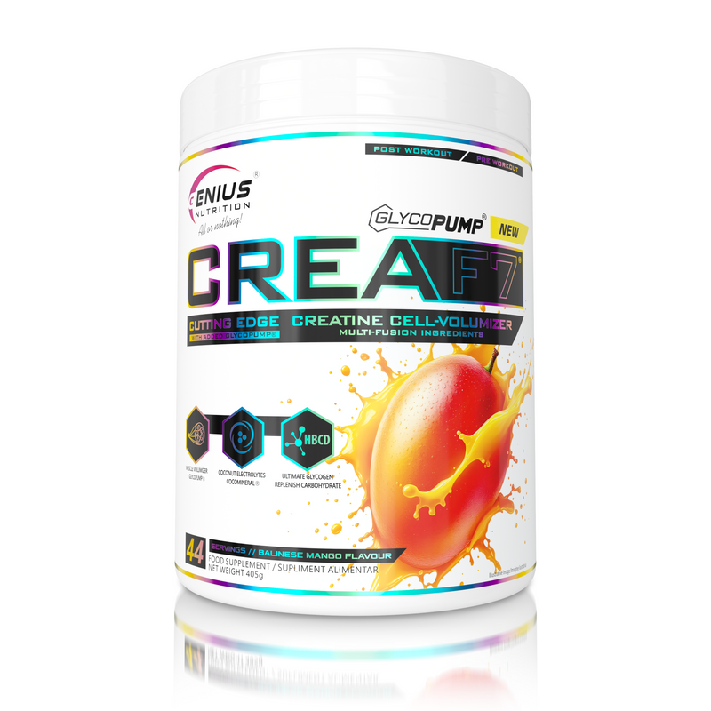 Incarca imaginea in galerie, CREA-F7 405g 44serv Genius Nutrition Balinese Mango - Supliment cu 6 tipuri de creatina pentru cresterea masei musculare, energie, pompare si hidratare.