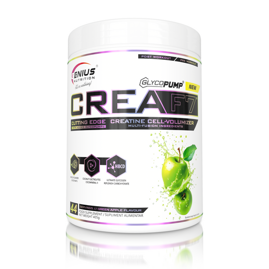 CREA-F7 405g 44serv Genius Nutrition Mar verde - Supliment cu 6 tipuri de creatina pentru cresterea masei musculare, energie, pompare si hidratare.
