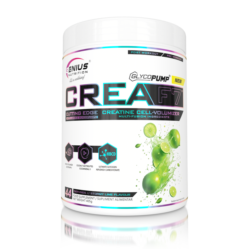 Incarca imaginea in galerie, CREA-F7 405g 44serv Genius Nutrition Stormy Lime - Supliment cu 6 tipuri de creatina pentru cresterea masei musculare, energie, pompare si hidratare.