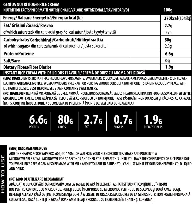 Incarca imaginea in galerie, CREMA DE OREZ 1000g Genius Nutritio - Supliment alimentar pe baza de orez premium fara gluten, sanatos si perfect pentru masa musculara cu aroma de inghetata cu vanilie