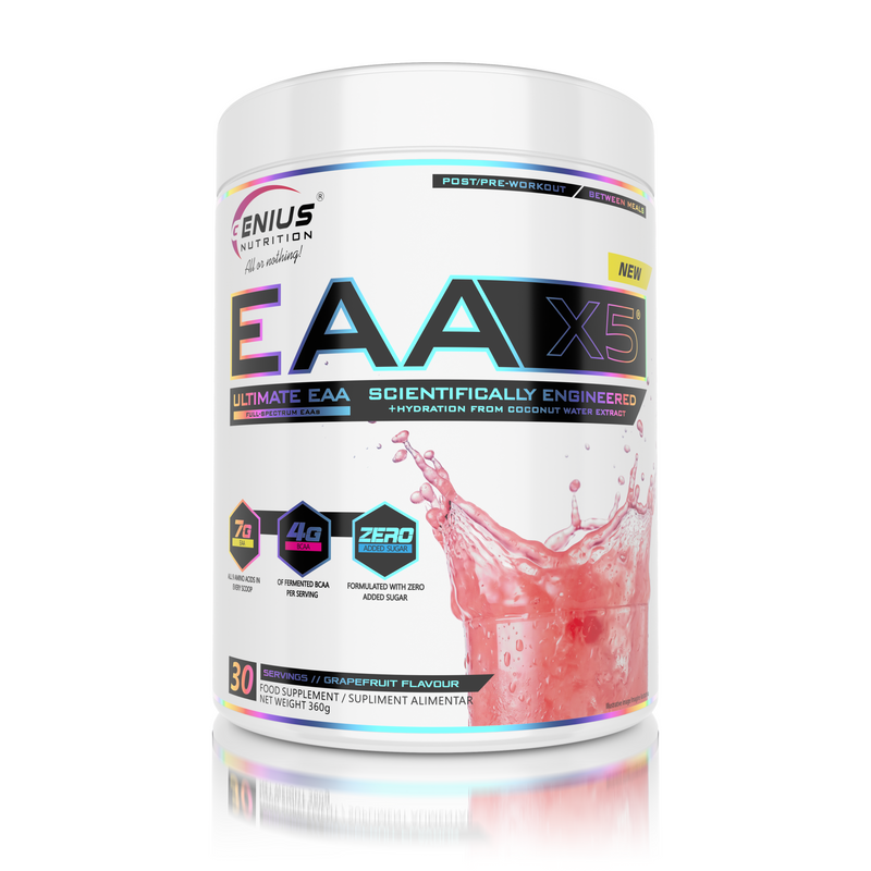 Incarca imaginea in galerie, EAA-X5 360g 30serv Genius Nutrition - Supliment cu aminoacizi esentiali pentru refacerea si cresterea masei musculare, imbogatit cu CocoMineral® pentru o hidratare eficienta cu aroma de grapefruit.