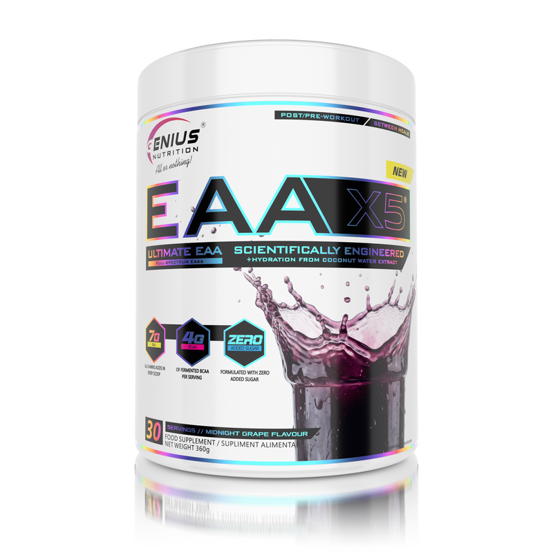 Incarca imaginea in galerie, EAA-X5 360g 30serv Genius Nutrition - Supliment cu aminoacizi esentiali pentru refacerea si cresterea masei musculare, imbogatit cu CocoMineral® pentru o hidratare eficienta cu aroma de strugure.