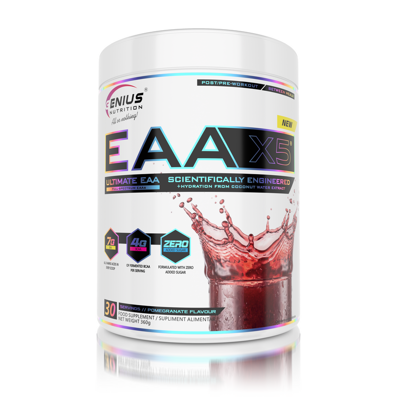 Incarca imaginea in galerie, EAA-X5 360g 30serv Genius Nutrition - Supliment cu aminoacizi esentiali pentru refacerea si cresterea masei musculare, imbogatit cu CocoMineral® pentru o hidratare eficienta cu aroma de rodie.