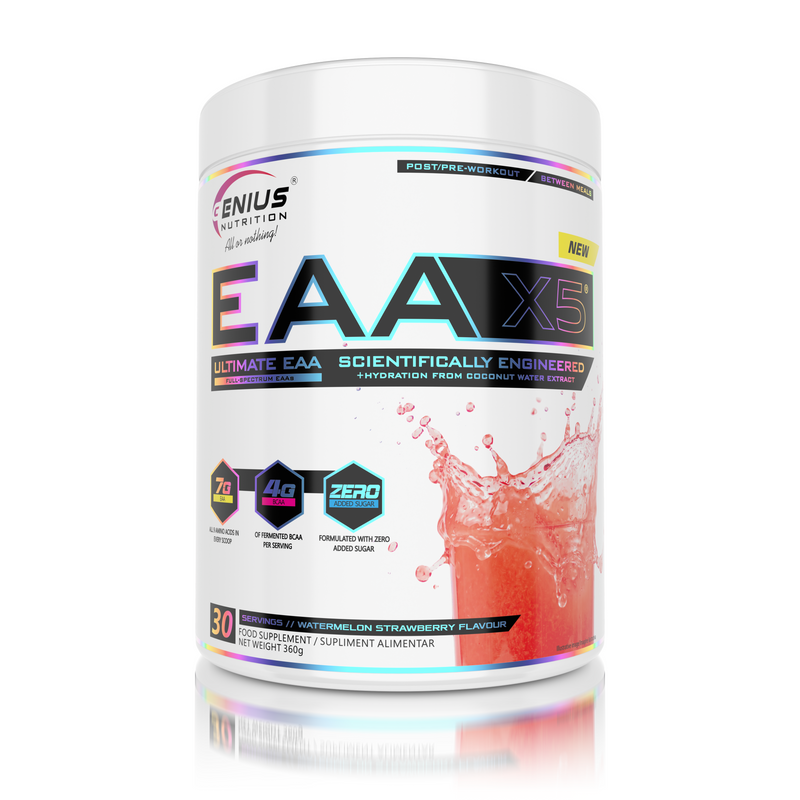 Incarca imaginea in galerie, EAA-X5 360g 30serv Genius Nutrition - Supliment cu aminoacizi esentiali pentru refacerea si cresterea masei musculare, imbogatit cu CocoMineral® pentru o hidratare eficienta cu aroma de pepene verde si capsuna.