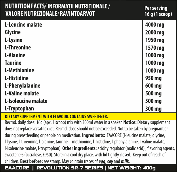 Incarca imaginea in galerie, EAACORE 400g 25serv Genius Nutrition - Supliment cu aminoacizi esentiali pentru refacerea si cresterea masei musculare, imbogatit cu taurina pentru o hidratare eficienta