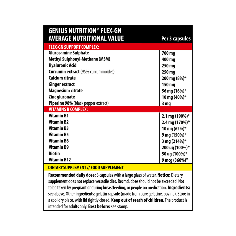 Incarca imaginea in galerie, FLEX-GN 90caps 30serv Genius Nutrtion – Supliment natural cu efect antiinflamator creat pentru sanatatea articulatiilor si oaselor, imbogatit cu vitamine