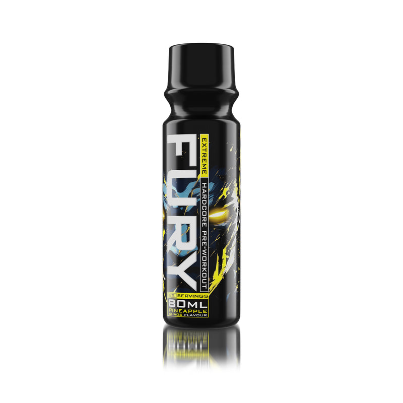 Incarca imaginea in galerie, FURY EXTREME SHOT 80ml 2serv Genius Nutrition – Supliment pre-workout shot gata de consum cu continut ridicat de cofeina pentru energie, focus si anduranta cu aroma de pineapple chaos