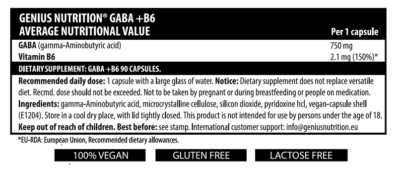 Incarca imaginea in galerie, GABA+B6 90caps 90serv Genius Nutrition – Supliment neurotransmitator GABA, destinat combaterii anxietatii si insomniei, cu efect linistitor + adaos de vitamina B6 pentru serotonina