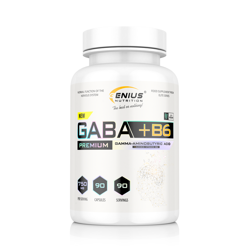 Incarca imaginea in galerie, GABA+B6 90caps 90serv Genius Nutrition – Supliment neurotransmitator GABA, destinat combaterii anxietatii si insomniei, cu efect linistitor + adaos de vitamina B6 pentru serotonina