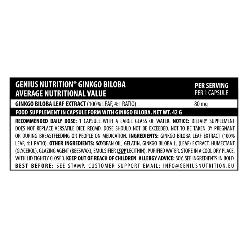 Incarca imaginea in galerie, GINKO BILOBA 60liquid caps Genius Nutrition – Supliment natural pentru imbunatirea memoriei si a capacitatii de concentrare