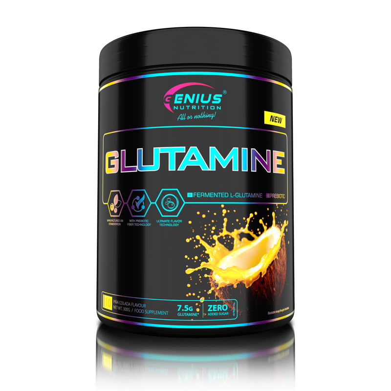 Incarca imaginea in galerie, GLUTAMINE 300g 30serv Genius Nutrition - Supliment cu glutamina pentru sustinerea sanatatii intestinale, intarirea imunitatii si recuperarea musculara dupa antrenamente intense cu aroma de Pina Colada.
