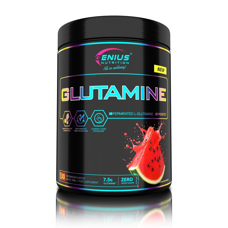 Incarca imaginea in galerie, GLUTAMINE 300g 30serv Genius Nutrition - Supliment cu glutamina pentru sustinerea sanatatii intestinale, intarirea imunitatii si recuperarea musculara dupa antrenamente intense cu aroma de pepene verde.