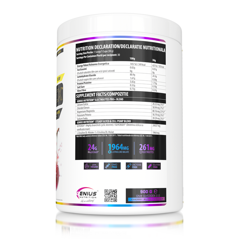 Incarca imaginea in galerie, GLYCOGEX 900g 30 serv Genius Nutrition - Supliment intra-workout cu absorbtie rapida, conceput pentru refacerea glicogenului, sustinerea andurantei, pompare musculara si rehidratare fara disconfort gastric cu aroma de cherry bliss.