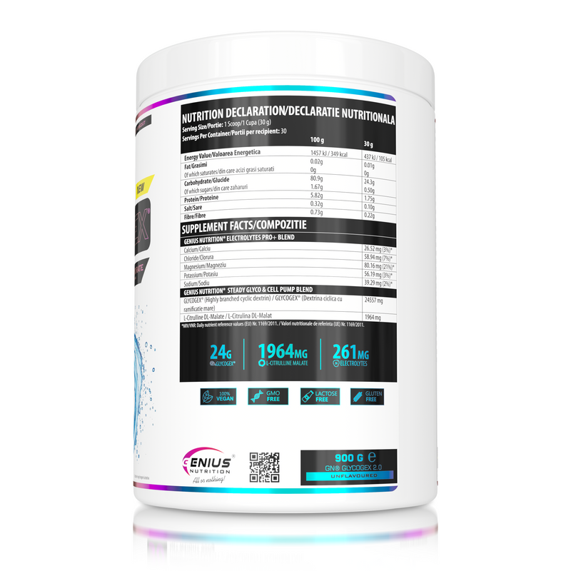 Incarca imaginea in galerie, GLYCOGEX 900g 30 serv Genius Nutrition - Supliment intra-workout cu absorbtie rapida, conceput pentru refacerea glicogenului, sustinerea andurantei, pompare musculara si rehidratare fara disconfort gastric, fara aroma.