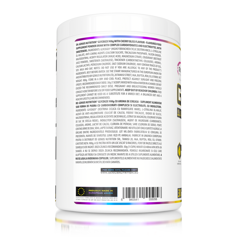 Incarca imaginea in galerie, GLYCOGEX 900g 30 serv Genius Nutrition - Supliment intra-workout cu absorbtie rapida, conceput pentru refacerea glicogenului, sustinerea andurantei, pompare musculara si rehidratare fara disconfort gastric cu aroma de cherry bliss.