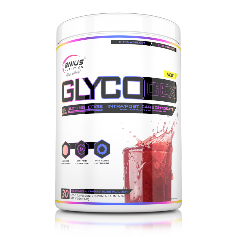 Incarca imaginea in galerie, GLYCOGEX 900g 30 serv Genius Nutrition - Supliment intra-workout cu absorbtie rapida, conceput pentru refacerea glicogenului, sustinerea andurantei, pompare musculara si rehidratare fara disconfort gastric cu aroma de cherry bliss.