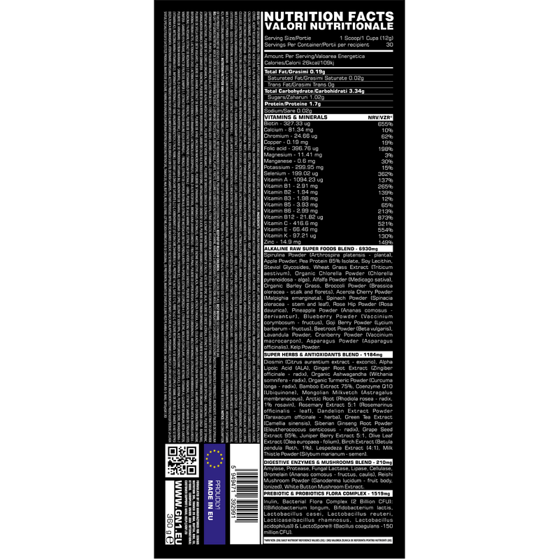 Incarca imaginea in galerie, GN1 360g 30 serv Genius Nutrition - Supliment nutritiv complet care contine vitamine, minerale, plante adaptogene, enzime digestive si probiotice, pentru a sustine sanatatea sistemului imunitar, hormonal si digestiv cu aroma de citrus apple