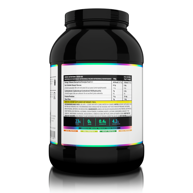 Incarca imaginea in galerie, GREEN-HD 750g 25serv Genius Nutrition – Supliment proteic vegan fara zahar adaugat din 4 surse pentru cresterea masei musculare, recuperare eficienta si prevenirea catabolismului cu aroma de ciocolata.