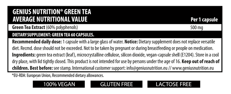 Incarca imaginea in galerie, GREEN TEA 60caps 60serv Genius Nutrition – Supliment cu extract de ceai verde, bogat in polifenoli, pentru sustinerea sanatatii cardiovasculare si cerebrale
