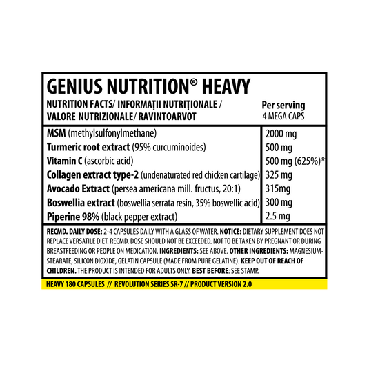 HEAVY 180caps 45 serv Genius Nutrition - Supliment antiinflamator pentru repararea ligamentelor, esential in activitatile care solicita intens articulatiile