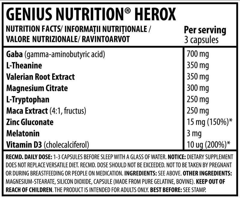 Incarca imaginea in galerie, HEROX 180megacaps 60serv Genius Nutrition – Supliment natural din plante cu efect calmant pentru un somn odhinitor