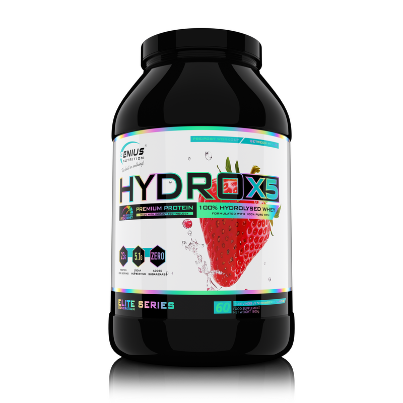 Incarca imaginea in galerie, HYDRO-X5 1800g 60serv Genius Nutrition – Supliment proteic hidrolizat cu absorbtie rapida, fara adaos de zahar si continut redus de lactoza, pentru refacerea si dezvoltarea masei musculare cu aroma de strawberry
