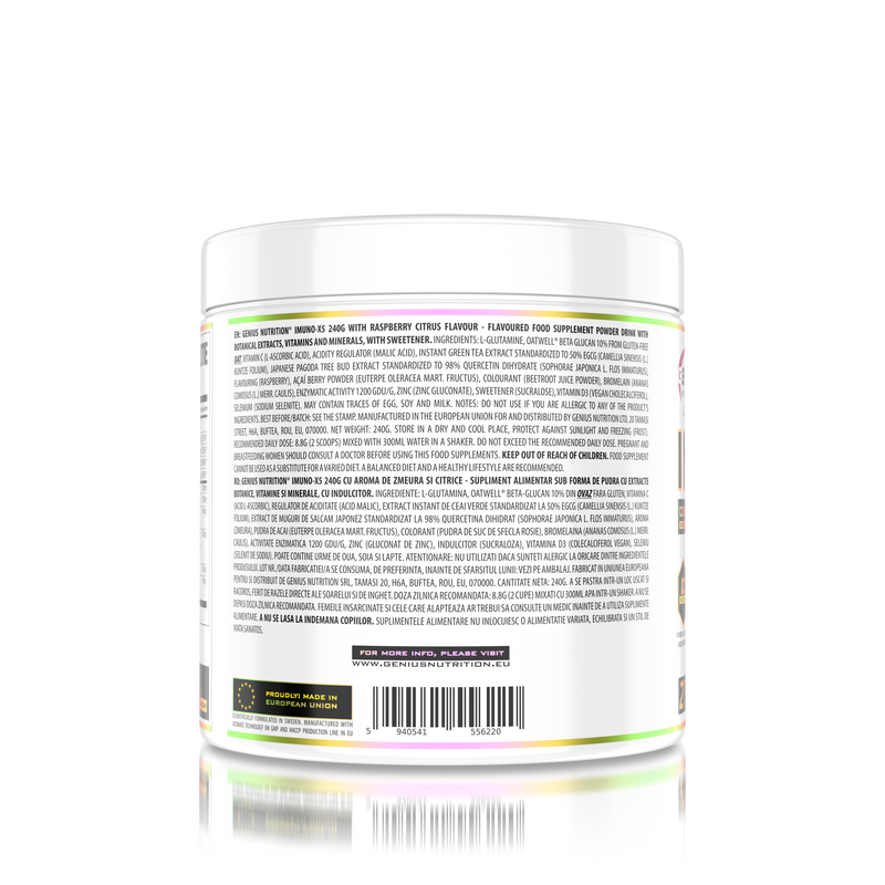 Incarca imaginea in galerie, IMUNO-X5 240g 27serv Genius Nutrition - Supliment antioxidant natural, cu un continut ridicat de vitamina C, vitamina D3 si zinc formulat special pentru a intari sistemul imunitar cu aroma de raspberry citrus