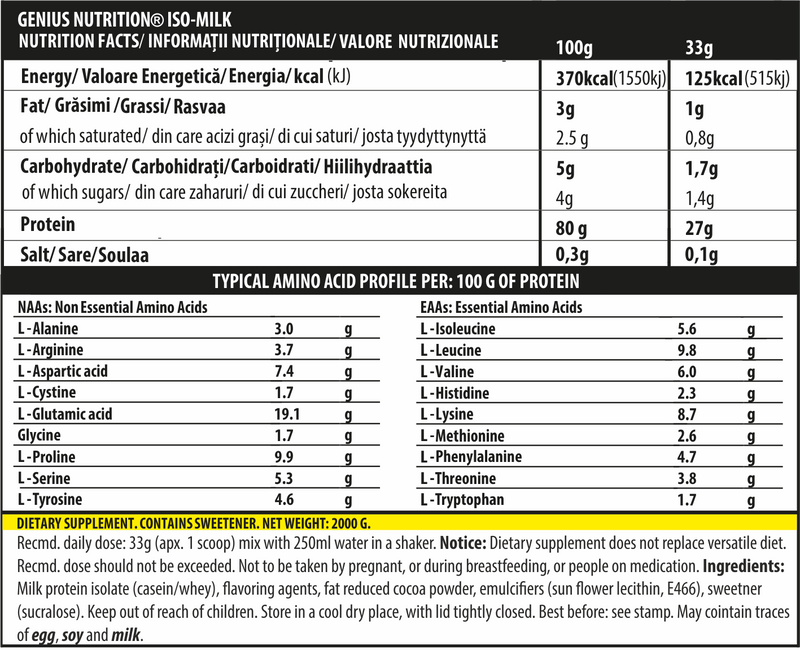 Incarca imaginea in galerie, ISO-MILK 2000g 61serv Genius Nutrition – Supliment proteic filtrat natural, cu continut scazut de lactoza si absorbtie lenta, conceput pentru a mentine o stare anabolica prelungita