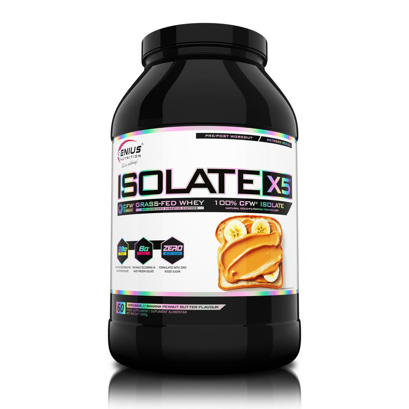 Incarca imaginea in galerie, ISOLATE-X5 2000g 60serv Genius Nutrition - Supliment proteic din zer cu absorbtie rapida, continut scazut de carbohidrati si bogat in BCAA, obtinut prin filtrare naturala CFW cu aroma de banana peanut butter.