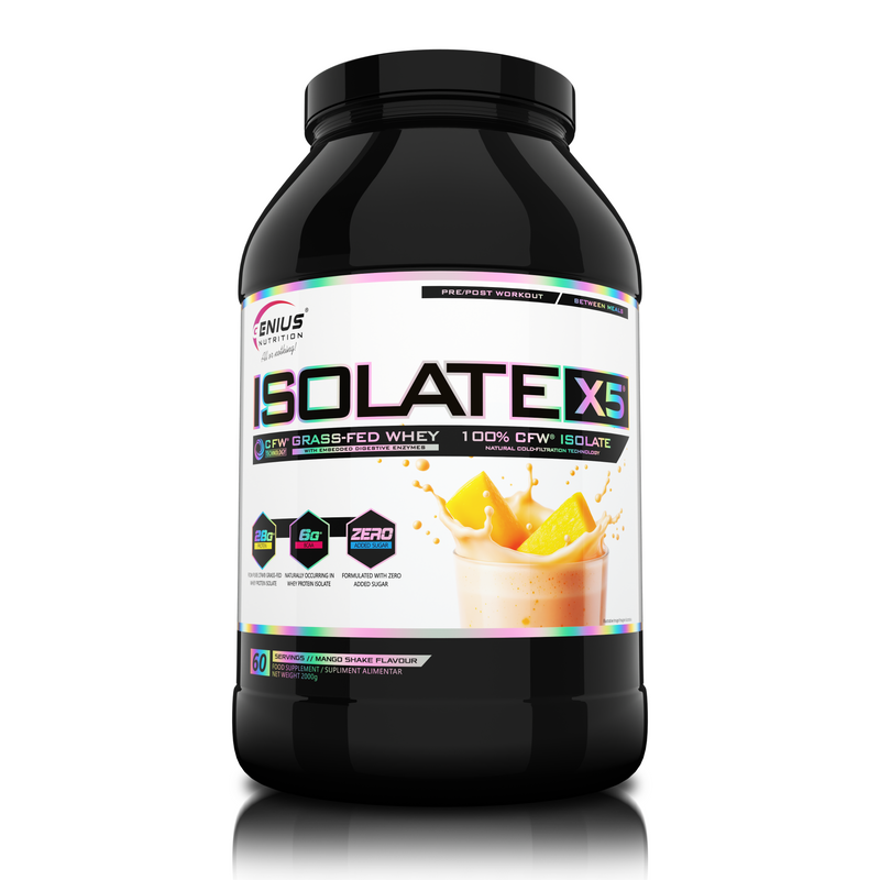 Incarca imaginea in galerie, ISOLATE-X5 2000g 60serv Genius Nutrition - Supliment proteic din zer cu absorbtie rapida, continut scazut de carbohidrati si bogat in BCAA, obtinut prin filtrare naturala CFW cu aroma de mango shake