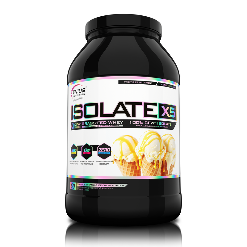 Incarca imaginea in galerie, ISOLATE-X5 2000g 60serv Genius Nutrition - Supliment proteic din zer cu absorbtie rapida, continut scazut de carbohidrati si bogat in BCAA, obtinut prin filtrare naturala CFW cu aroma de înghetata de vanilie.