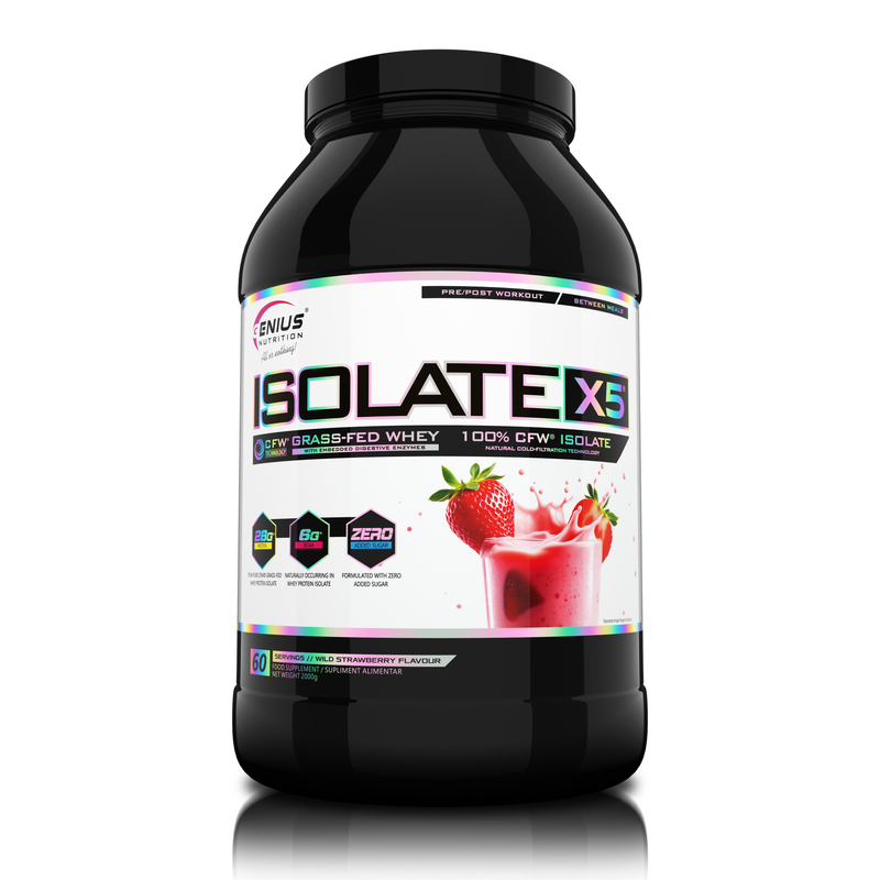 Incarca imaginea in galerie, ISOLATE-X5 2000g 60serv Genius Nutrition - Supliment proteic din zer cu absorbtie rapida, continut scazut de carbohidrati si bogat in BCAA, obtinut prin filtrare naturala CFW cu aroma de wild strawberry