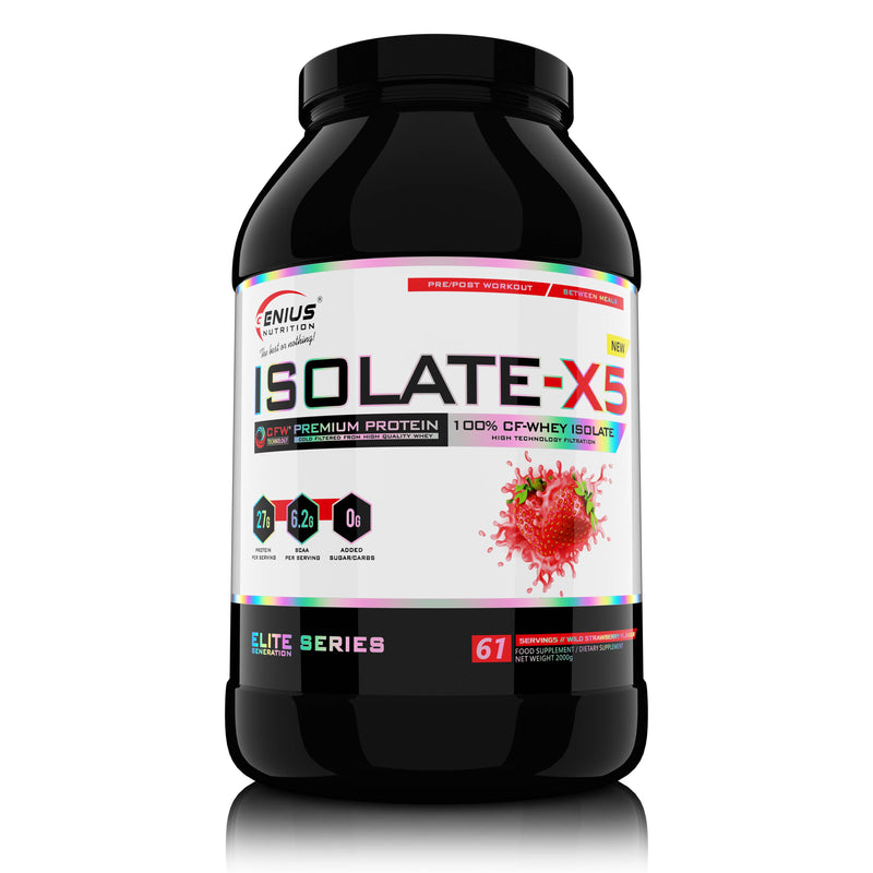 Incarca imaginea in galerie, ISOLATE-X5 2000g 61serv Genius Nutrition - Supliment proteic din zer cu absorbtie rapida, continut scazut de carbohidrati si bogat in BCAA, obtinut prin filtrare naturala CFW cu aroma de wild strawberry